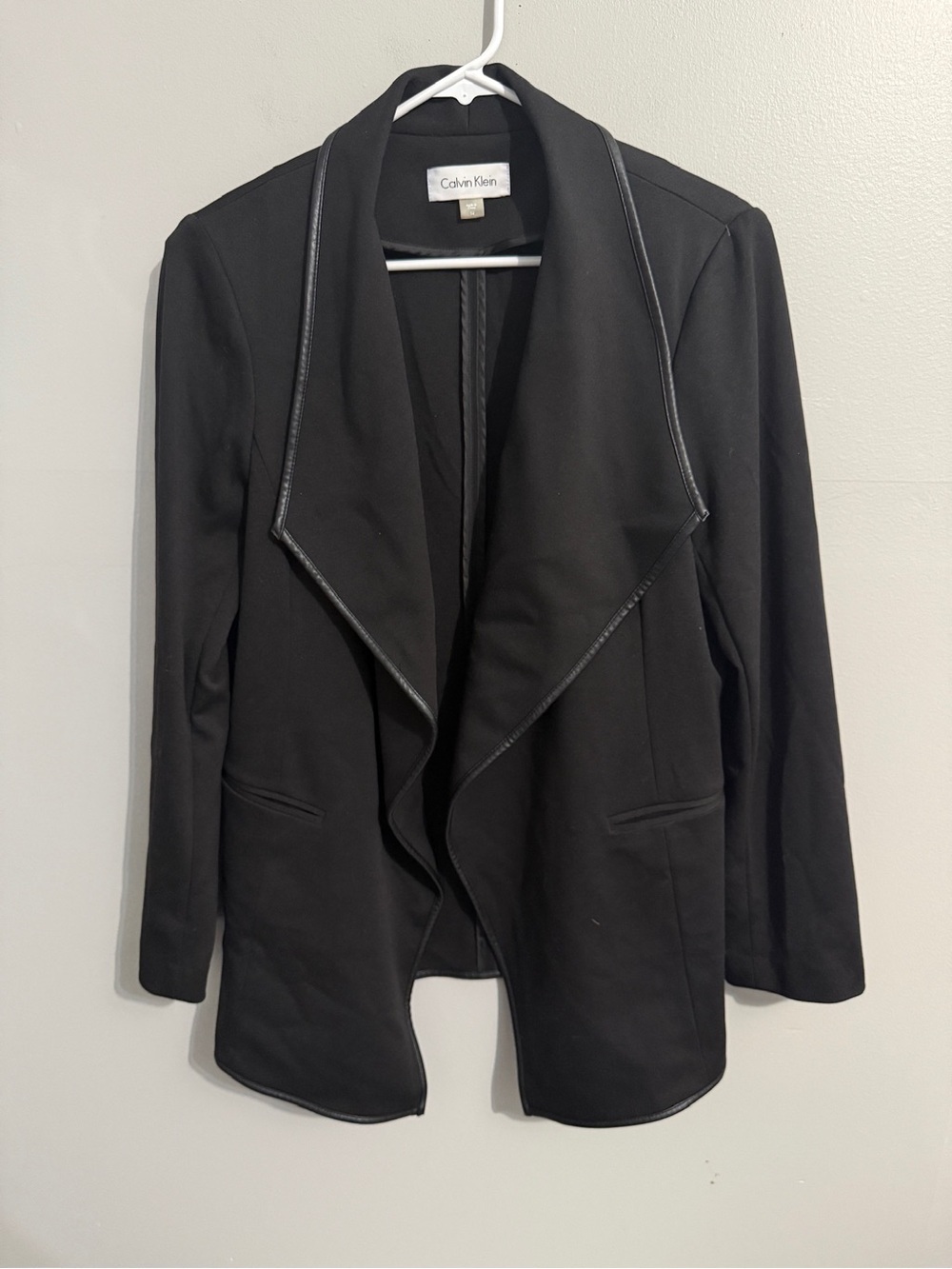 Calvin Klein Blazer Jacket Womens 14 Black Unlined Stretch Faux Leather Trim